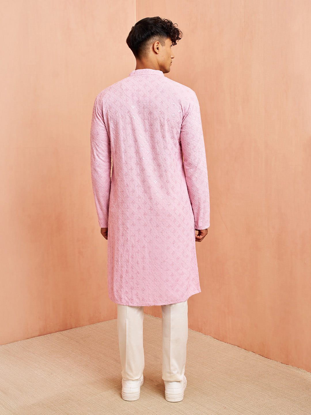 Men's Onion Chikankari Kurta with Cream Pant Set