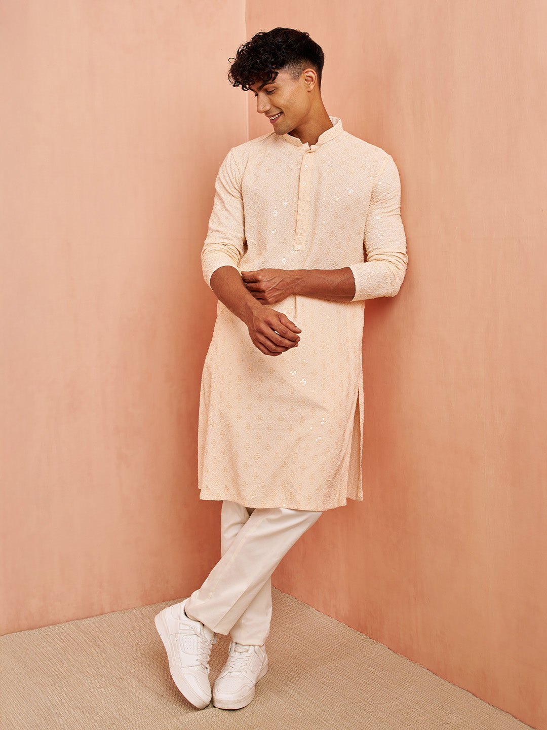 Men's Peach Chikankari Kurta with Cream Pant Set