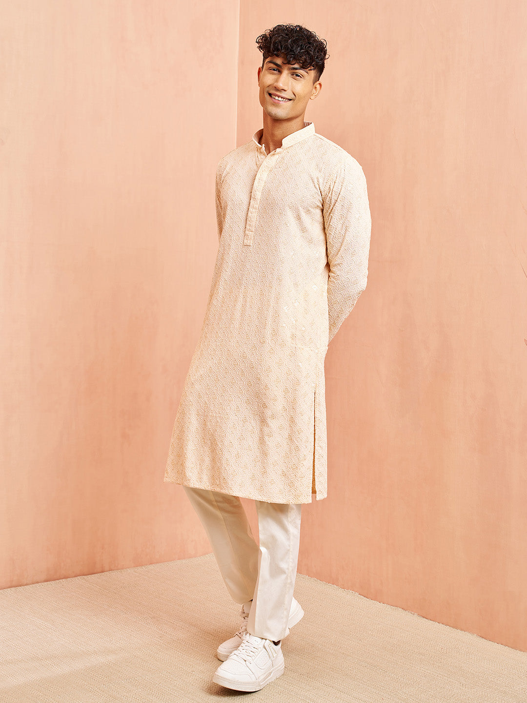 Men's Peach Chikankari Kurta with Cream Pant Set
