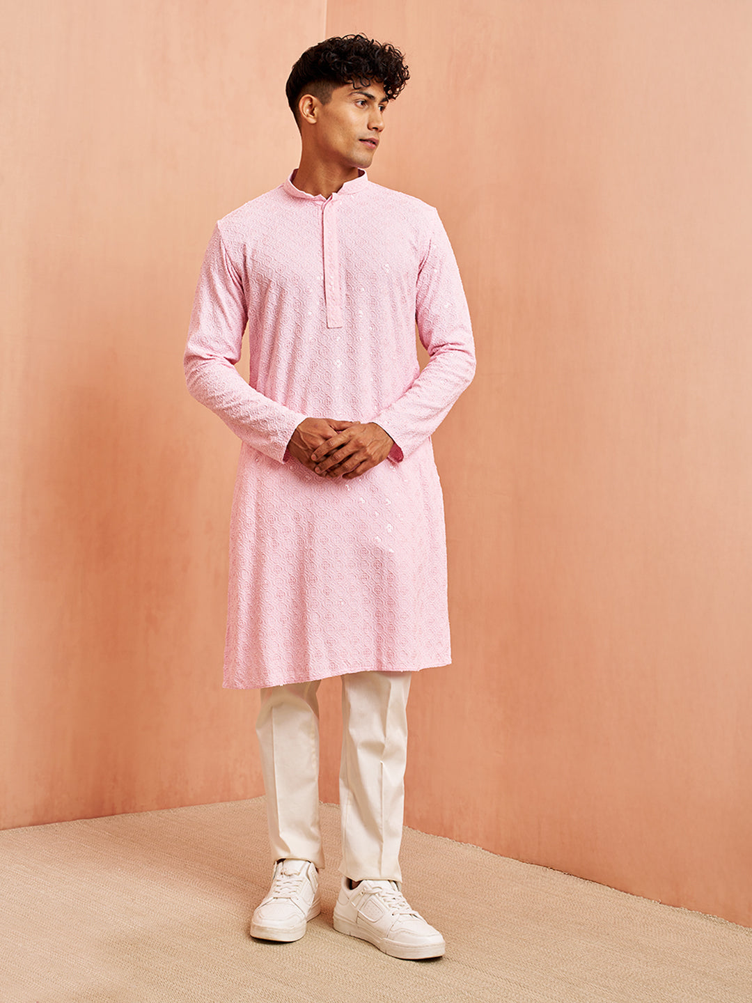 Men's Pink Chikankari Kurta with Cream Pant Set