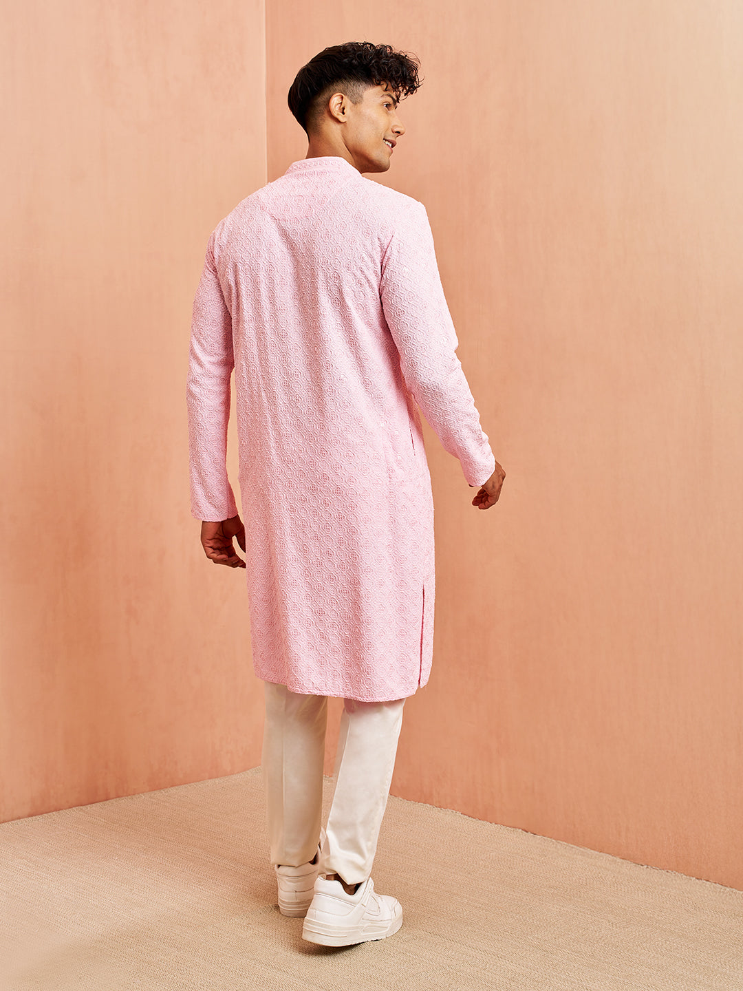 Men's Pink Chikankari Kurta with Cream Pant Set