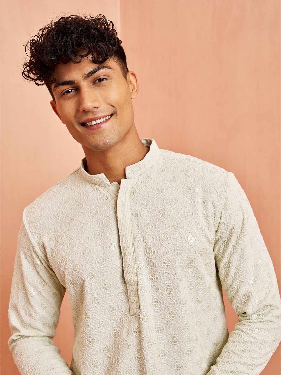 Men's Pista Green Chikankari Kurta with Cream Pant Set