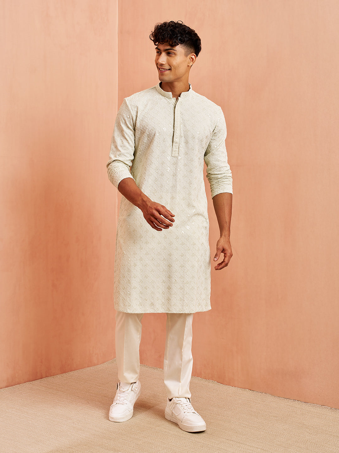 Men's Pista Green Chikankari Kurta with Cream Pant Set