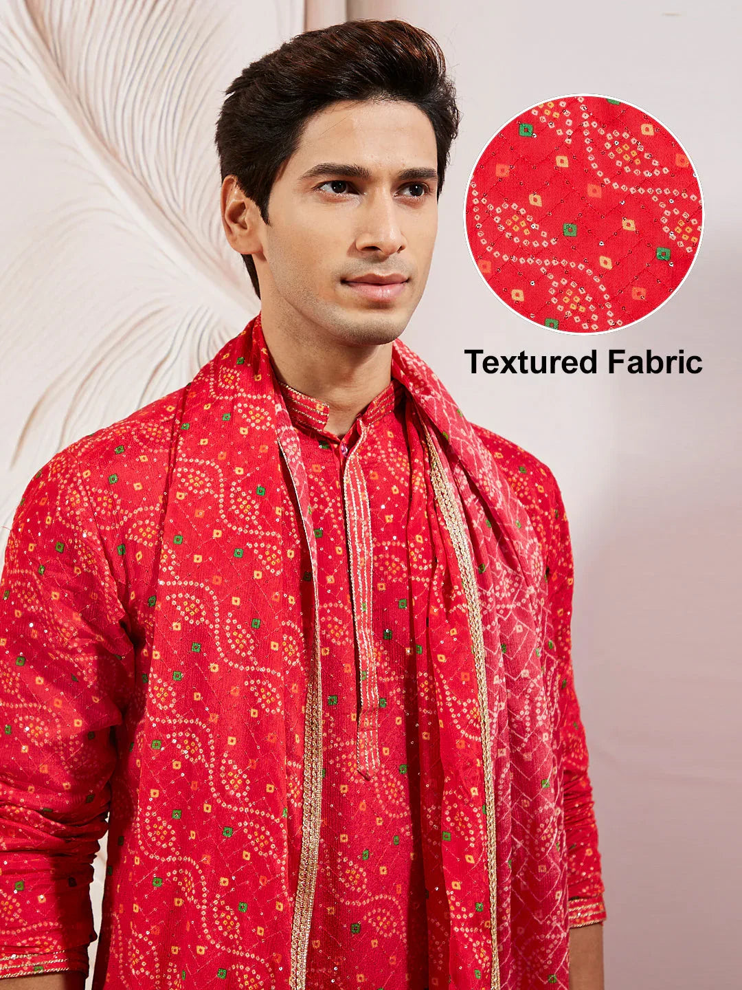 Men's Red And Cream Chinon Kurta And Pyjama Set.