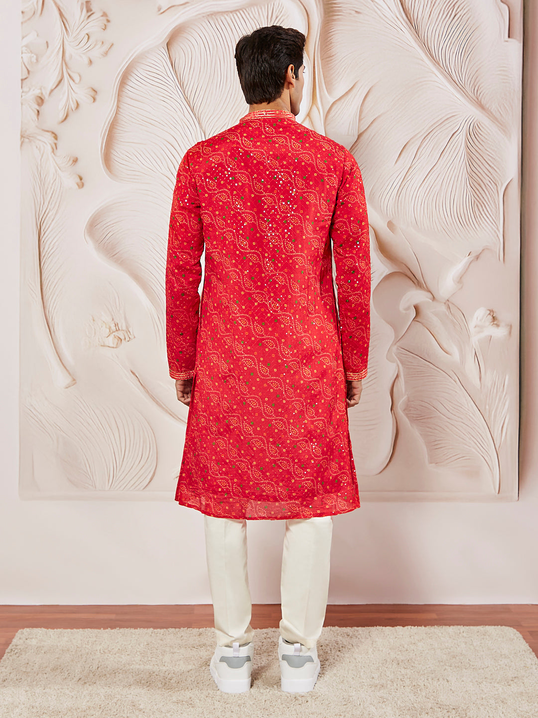Men's Red And Cream Chinon Kurta And Pyjama Set.