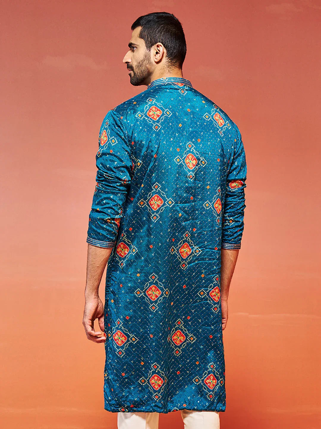 Men's Turquoise Chinon Kurta