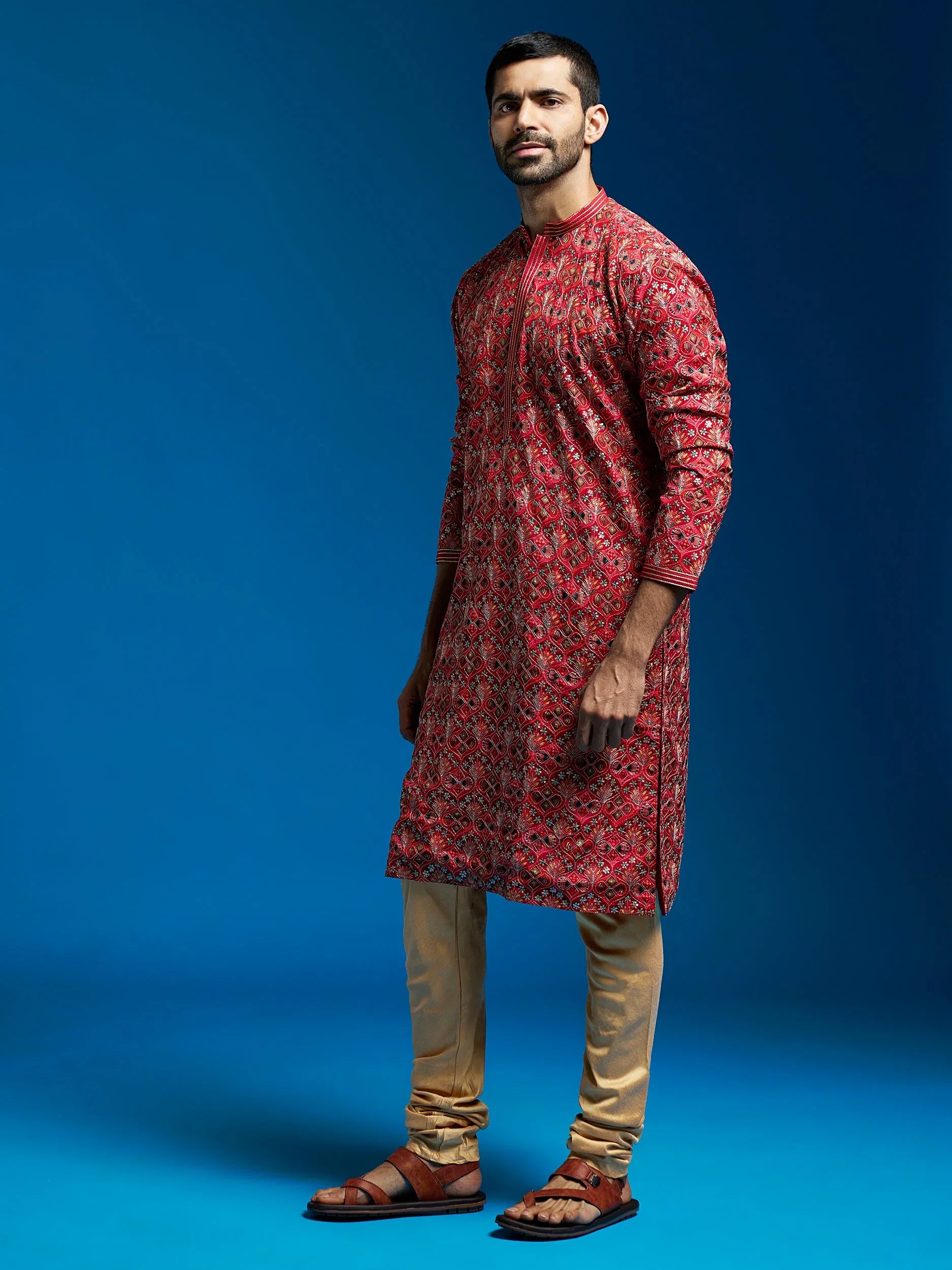 Men's Red Chinon Kurta And Pyjama Set.