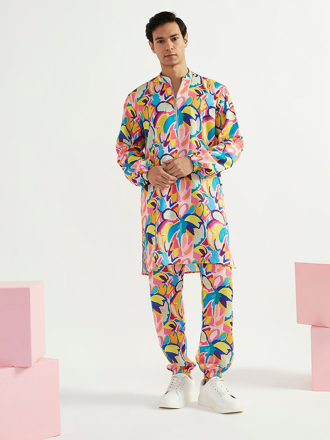 Men's Multicolour Crepe Kurta And Pyjama Set