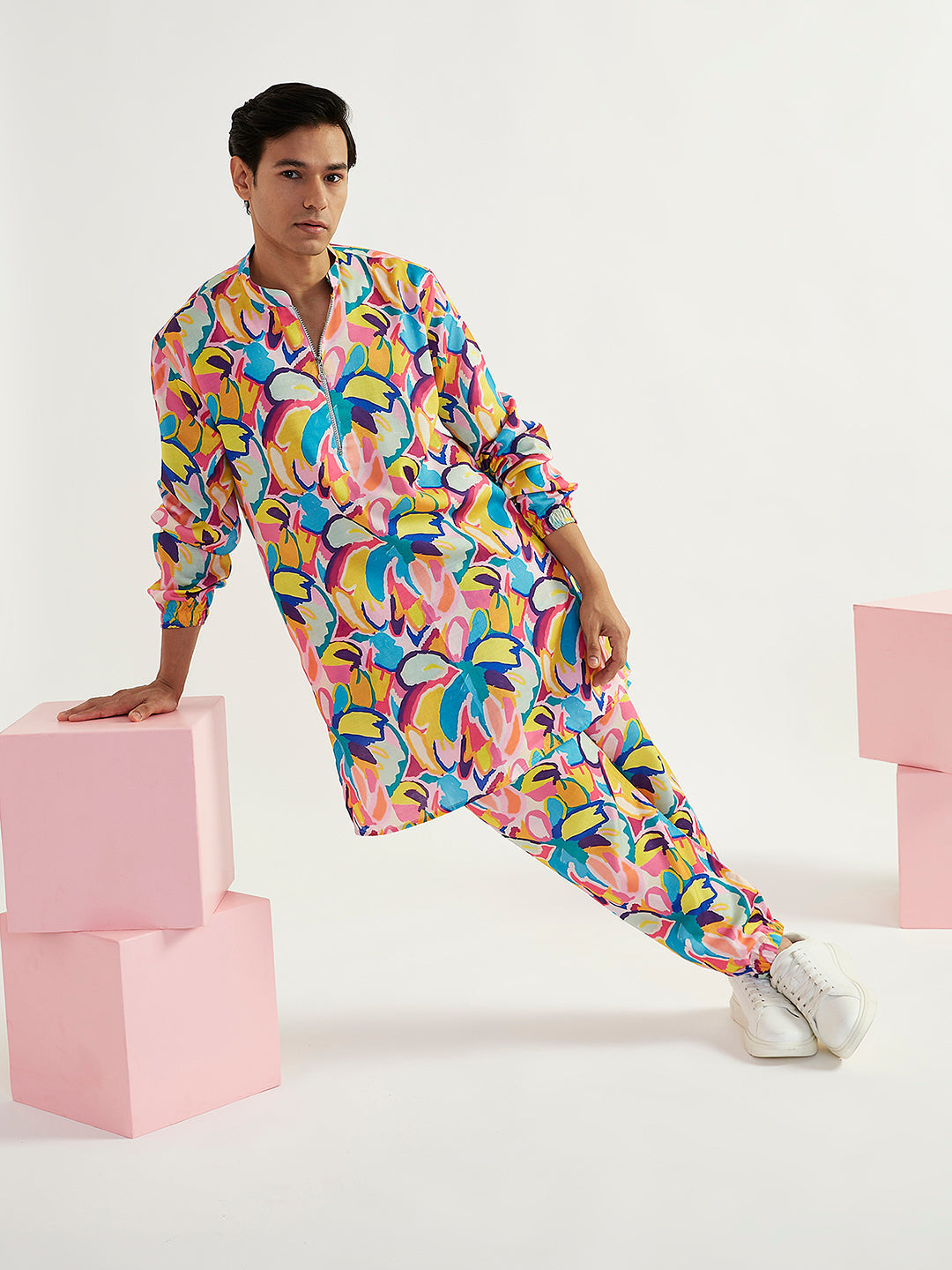 Men's Multicolour Crepe Kurta And Pyjama Set