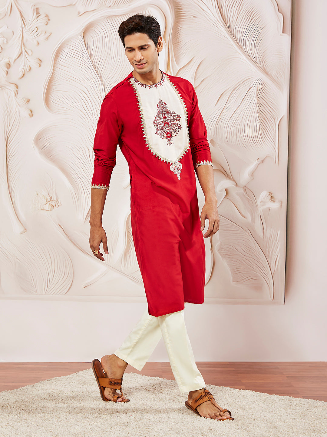 Men's Red Viscose Kurta