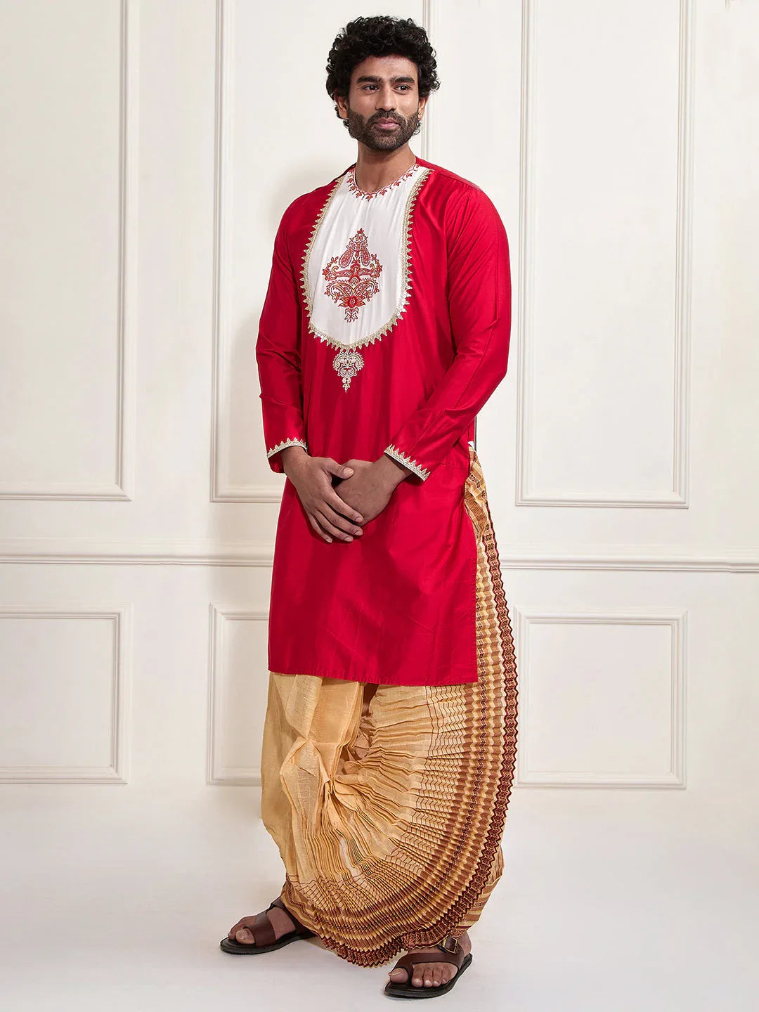 Men's Red Viscose Kurta And Dhoti Set