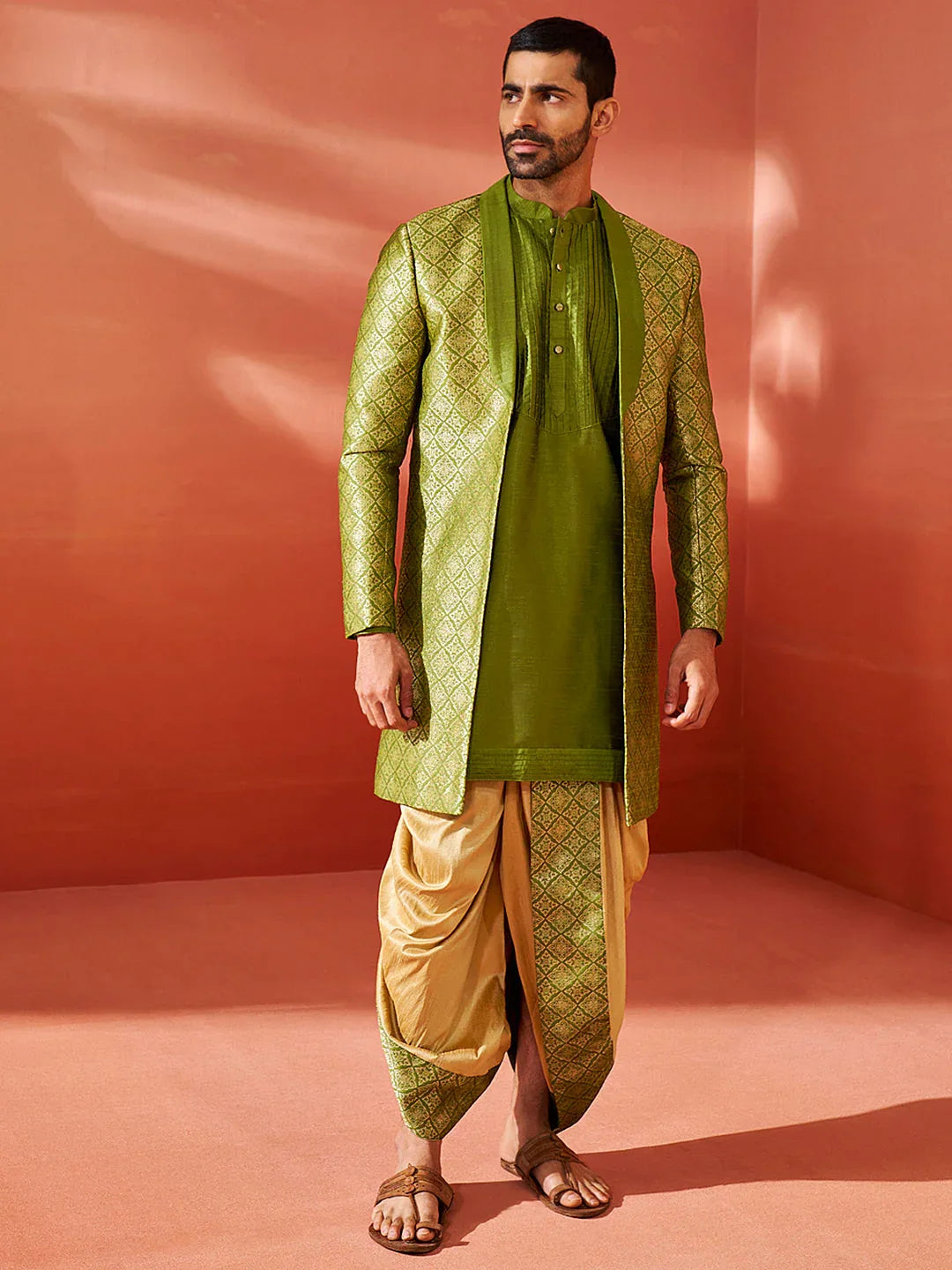 Men's Green Silk Blend Sherwani Set