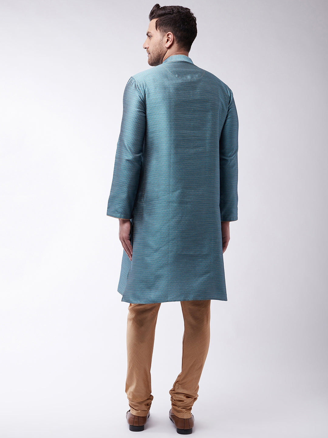 Men's Aqua And Rose Gold Silk Blend Kurta With Churidar Set