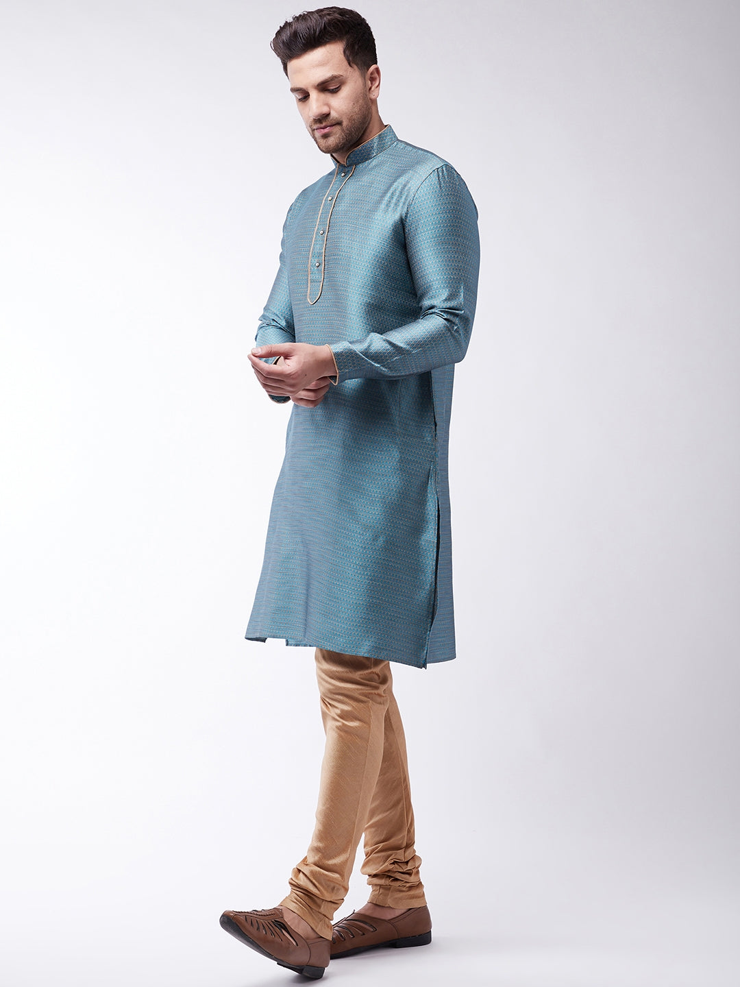 Men's Aqua And Rose Gold Silk Blend Kurta With Churidar Set