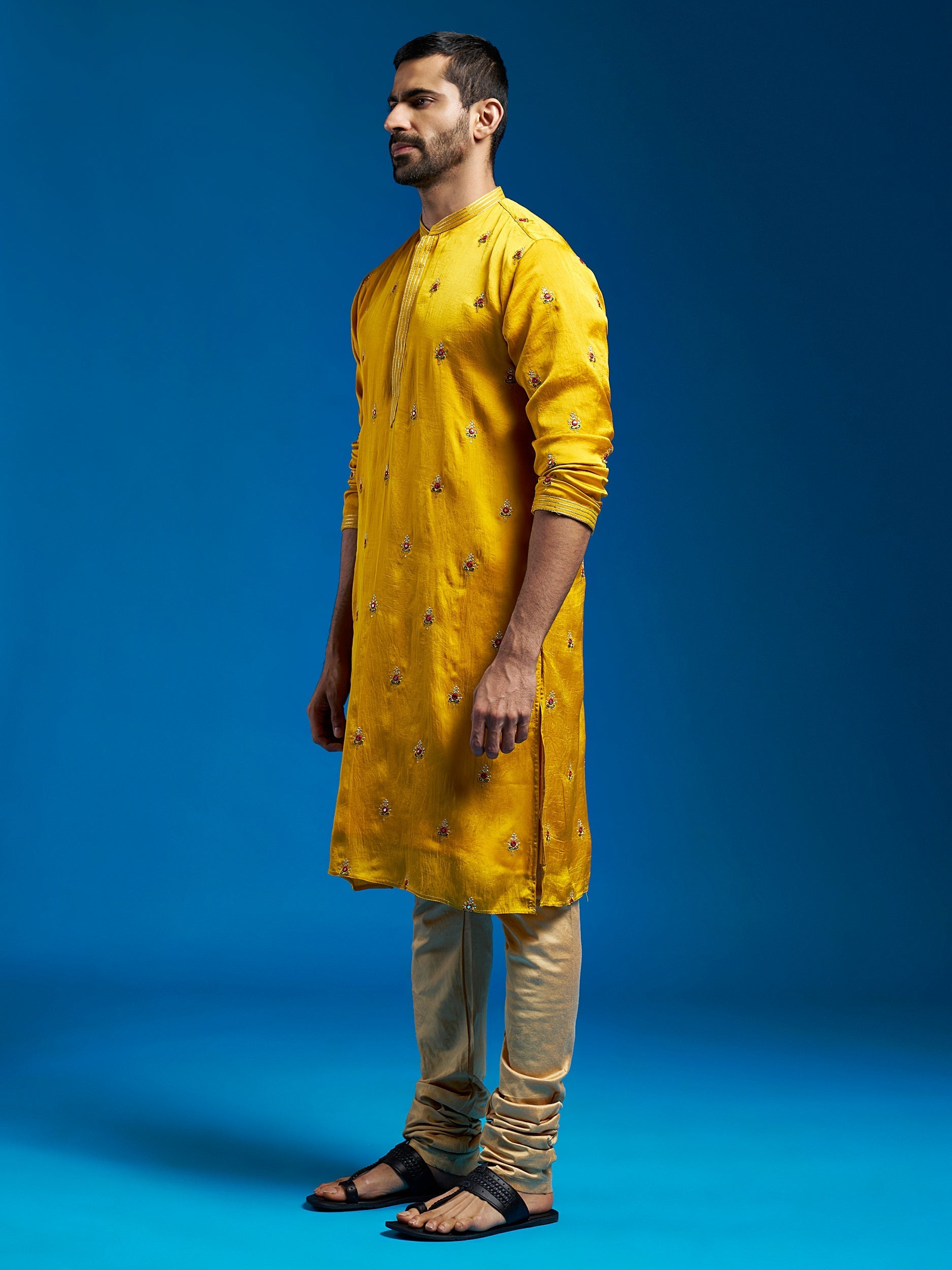 Men's Mustard Silk Blend Kurta And Pyjama Set