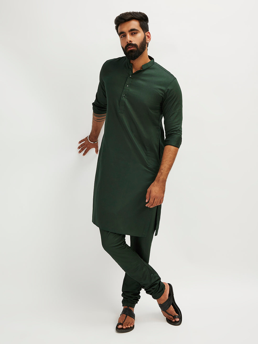 Men's Bottle Green Cotton Blend Kurta Pyjama Set