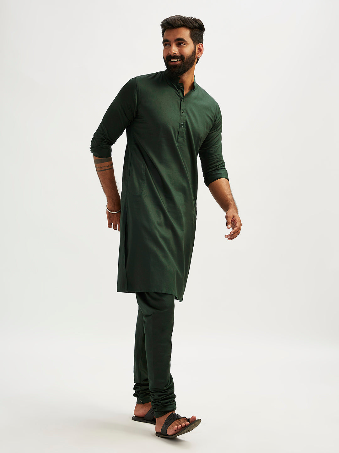 Men's Bottle Green Cotton Blend Kurta Pyjama Set