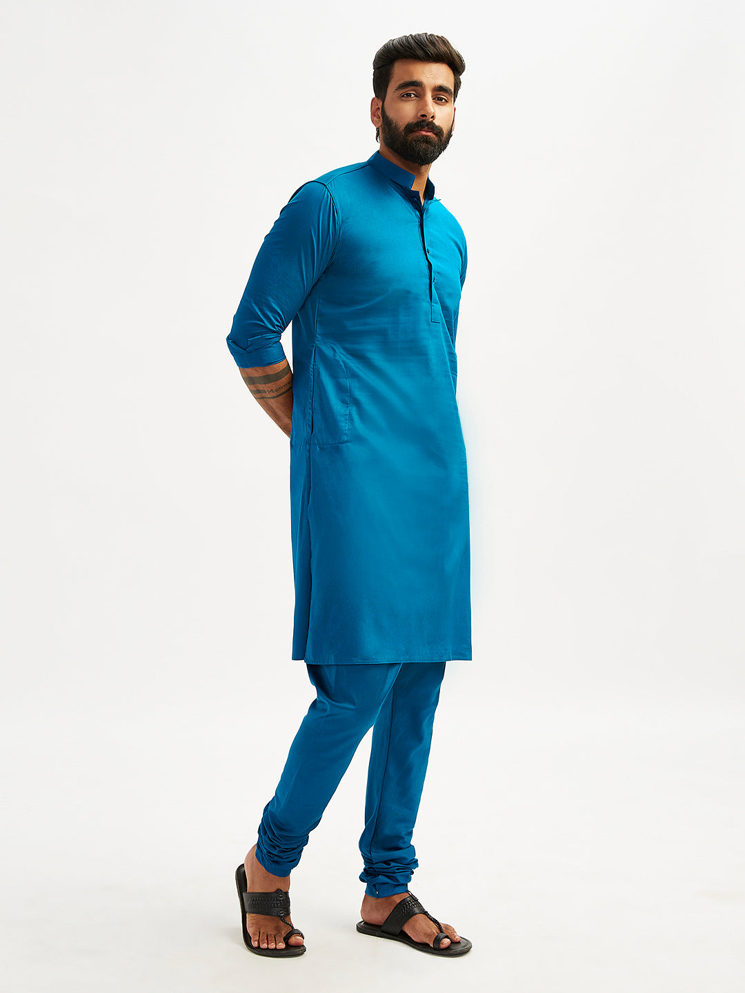Men's Blue Cotton Blend Kurta Pyjama Set