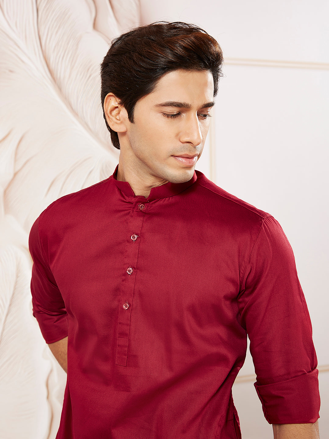 Men's Maroon Cotton Blend Kurta Pyjama Set