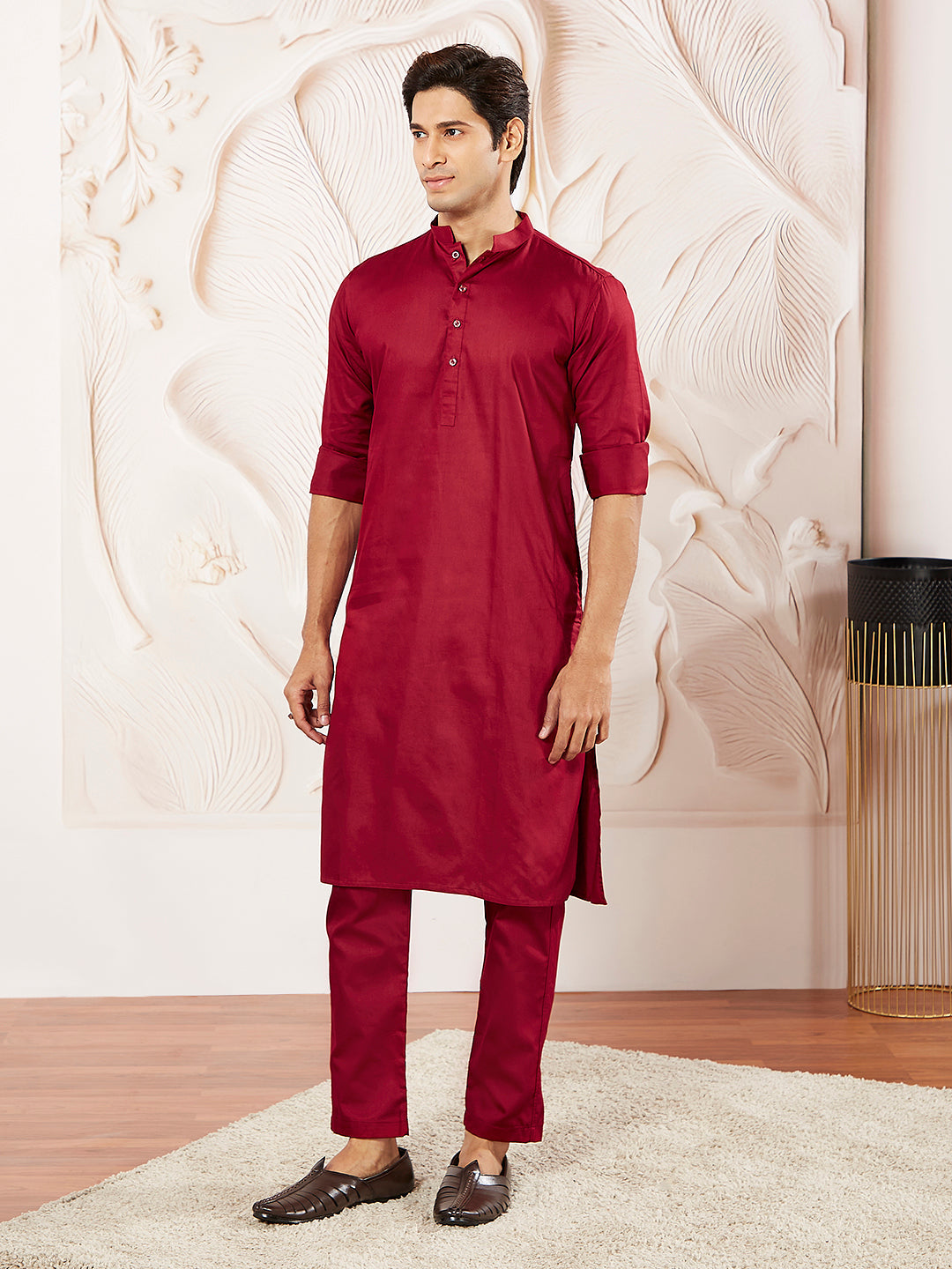 Men's Maroon Cotton Blend Kurta Pyjama Set