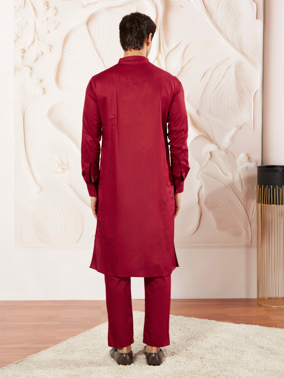Men's Maroon Cotton Blend Kurta Pyjama Set