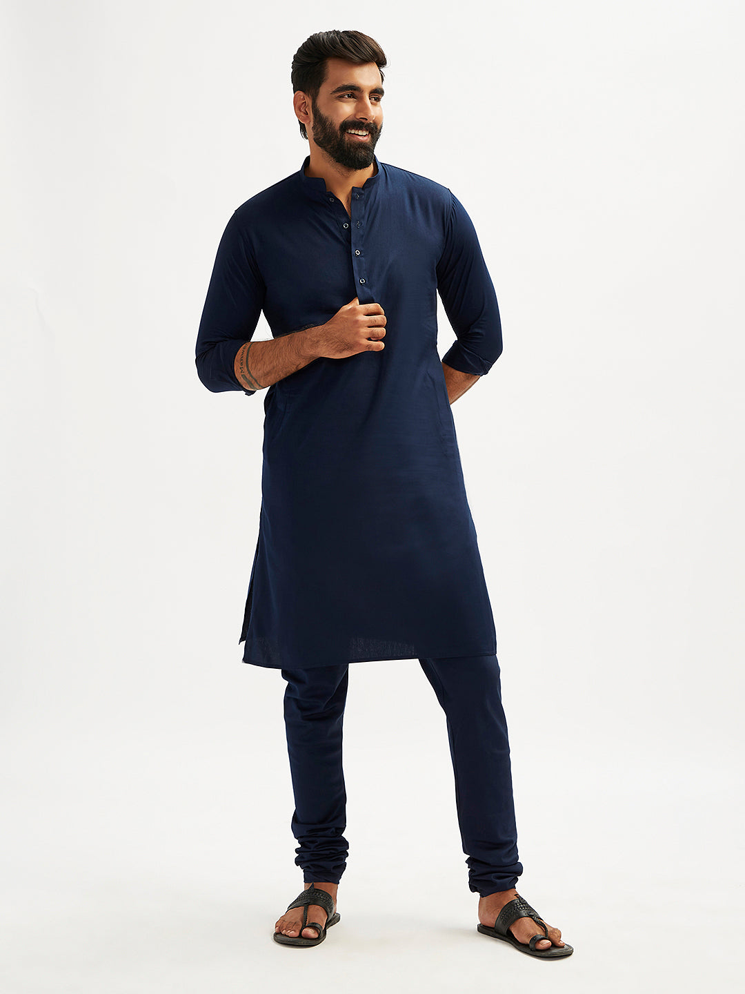 Men's Navy Blue Cotton Blend Kurta Pyjama Set