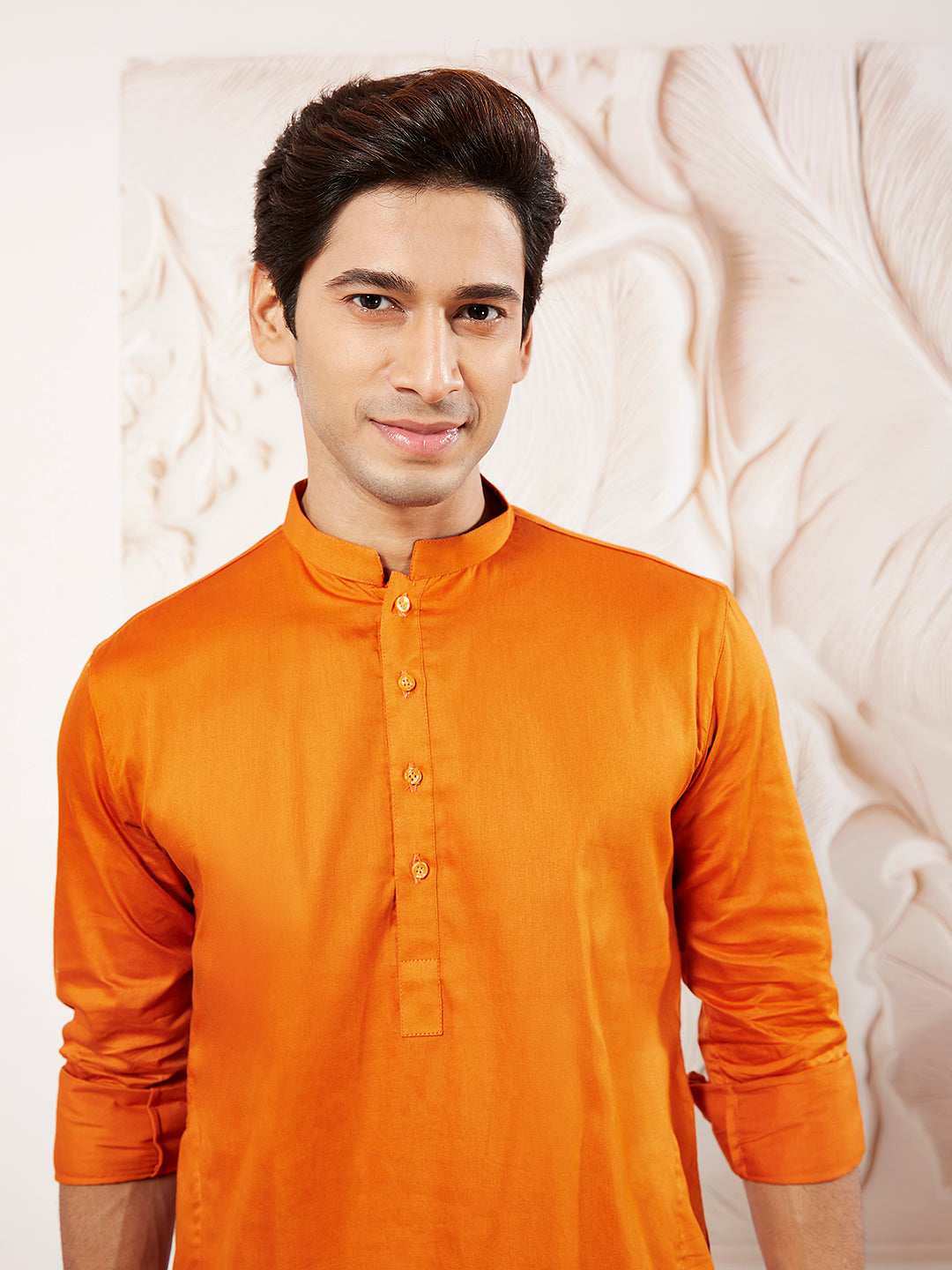 Men's Orange Cotton Blend Kurta Pyjama Set