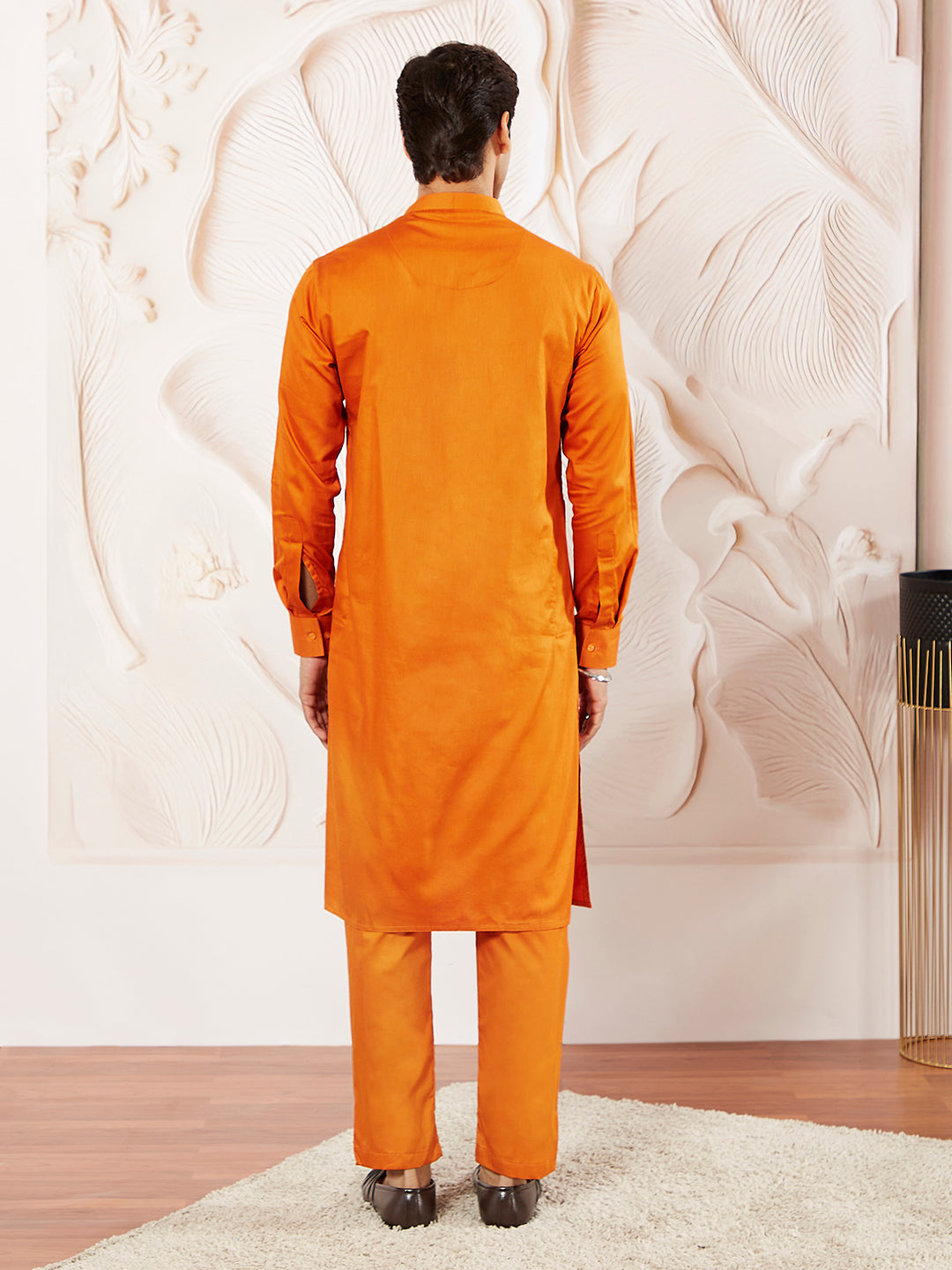 Men's Orange Cotton Blend Kurta Pyjama Set