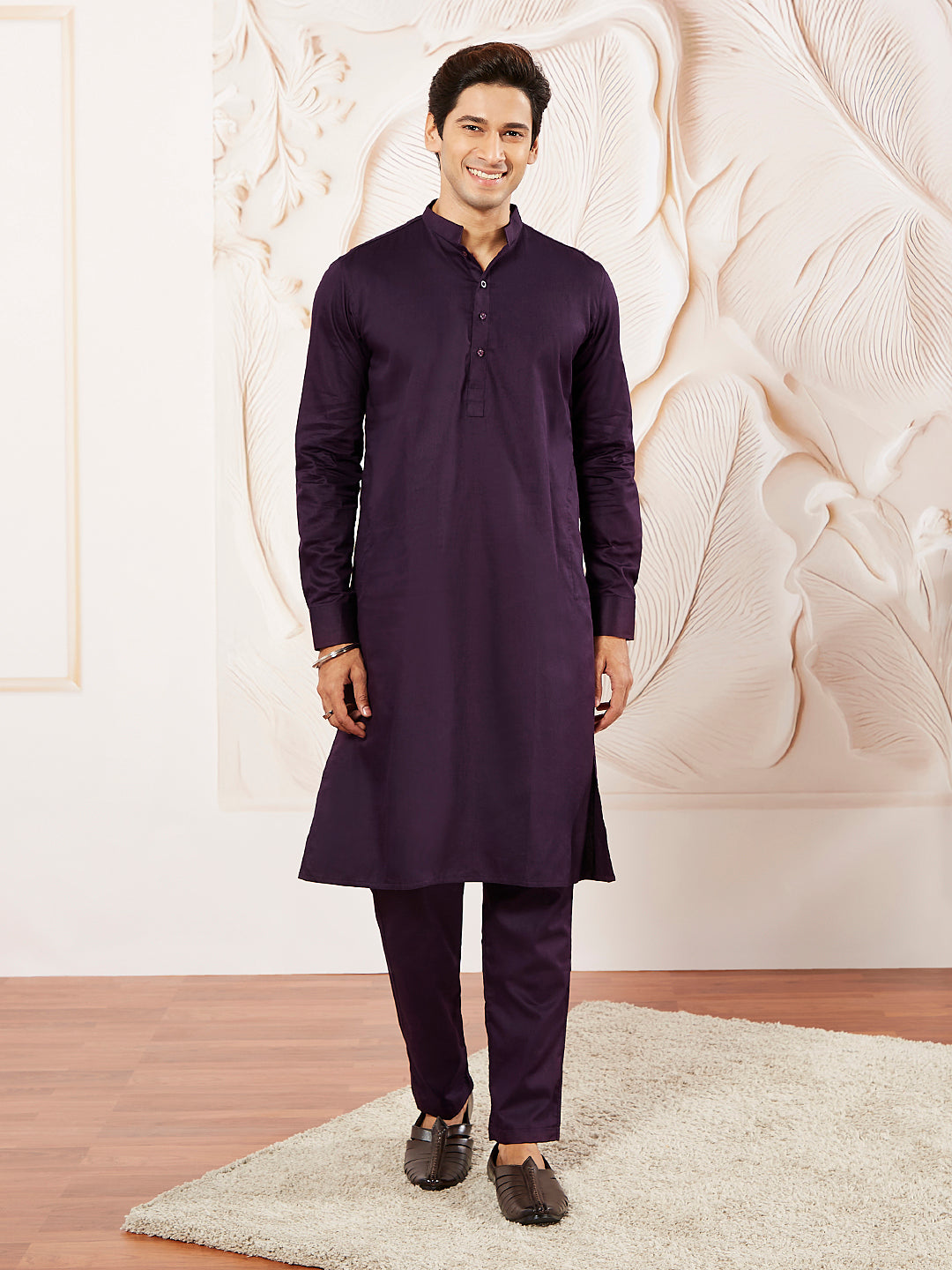 Men's Purple Cotton Blend Kurta Pyjama Set