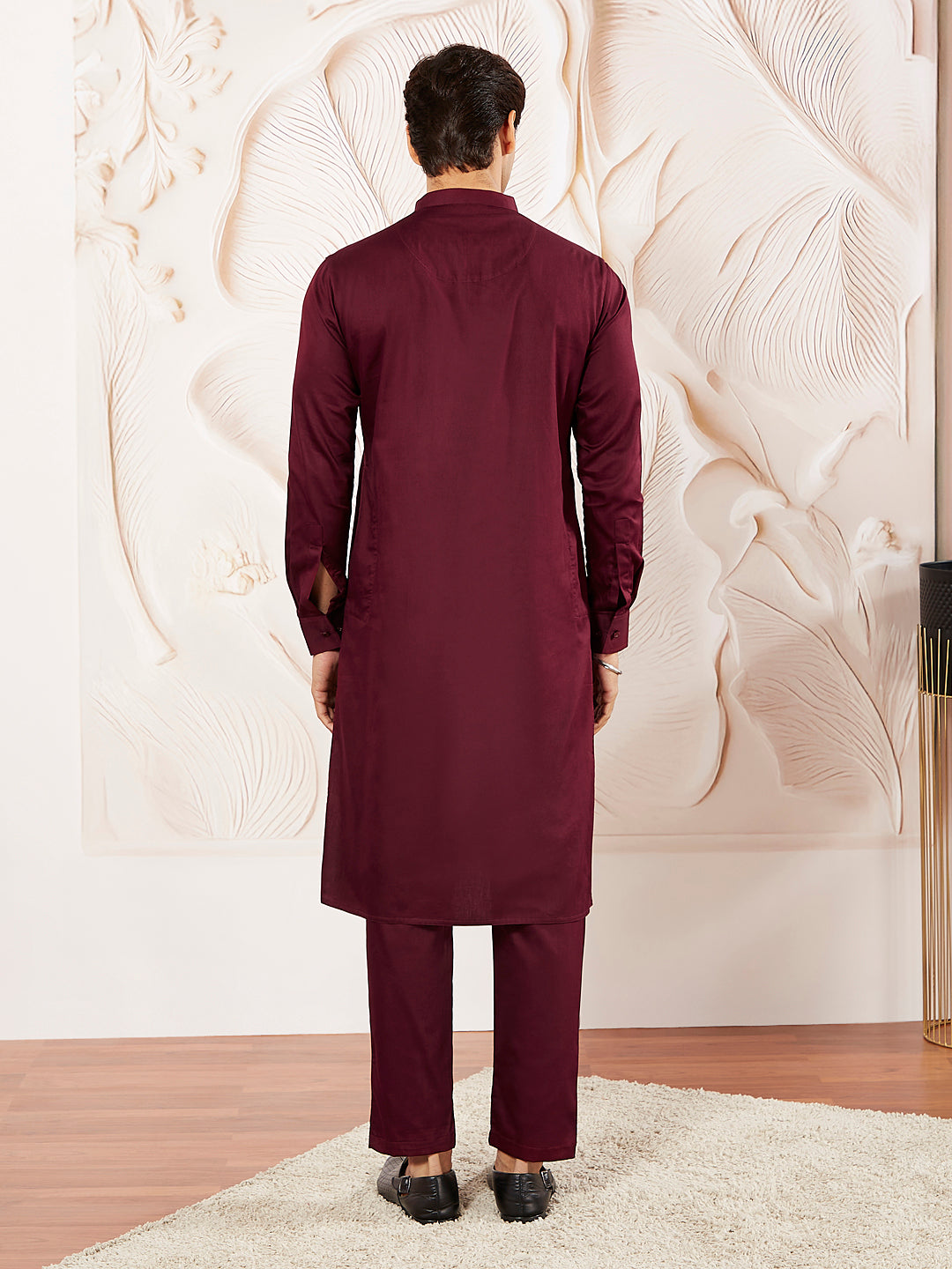 Men's Wine Cotton Blend Kurta Pyjama Set