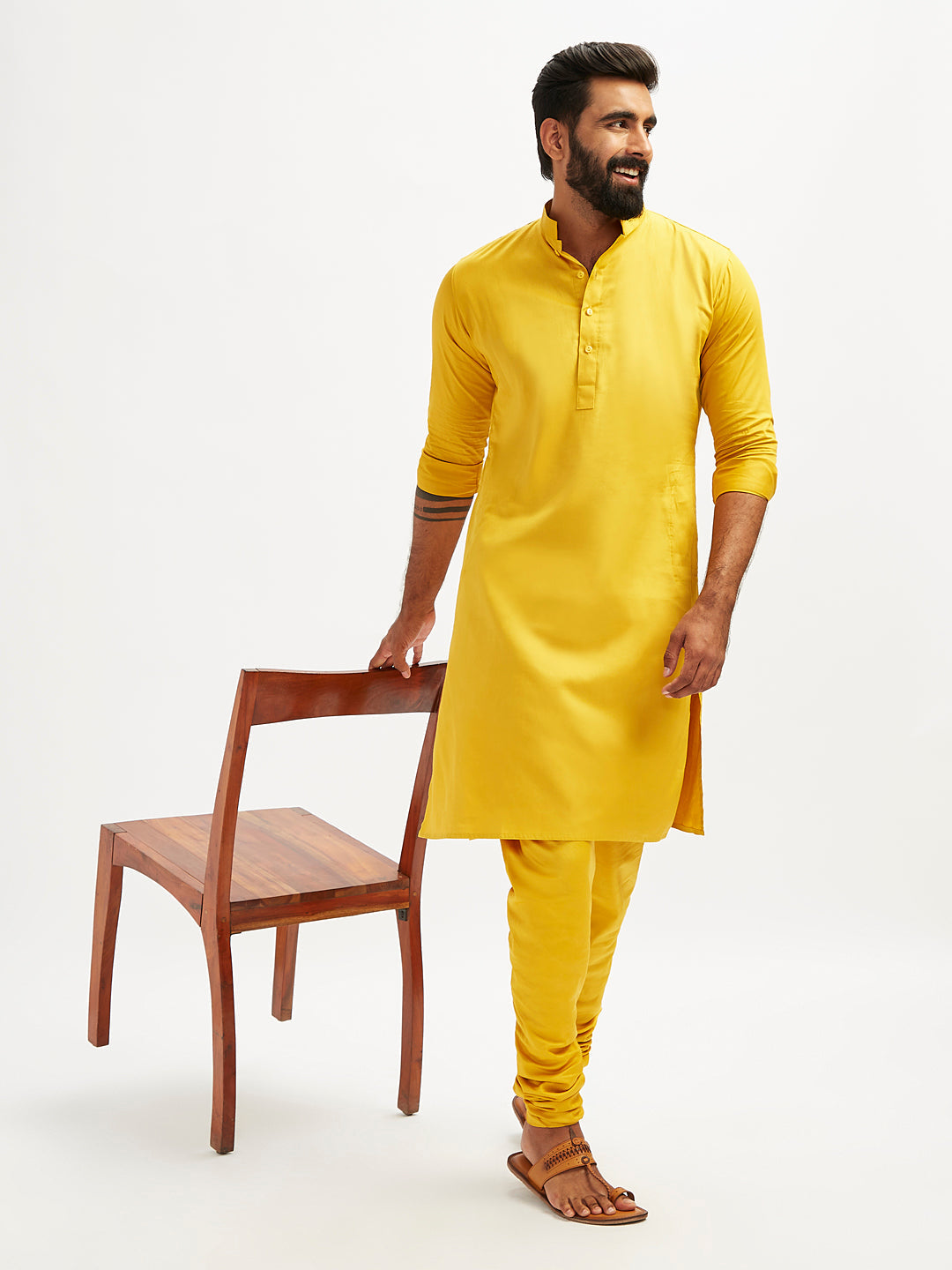 Men's Yellow Cotton Blend Kurta Pyjama Set