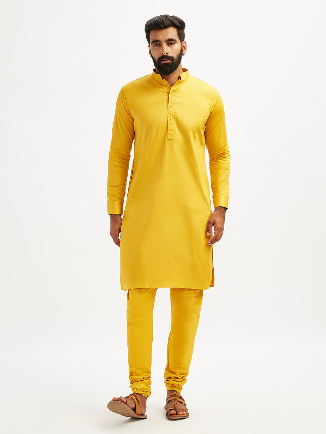 Men's Yellow Cotton Blend Kurta Pyjama Set