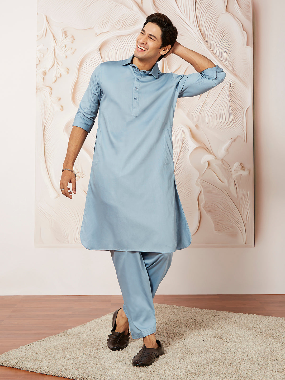 Men's Powder Blue Fine Satin Pathani Kurta Set