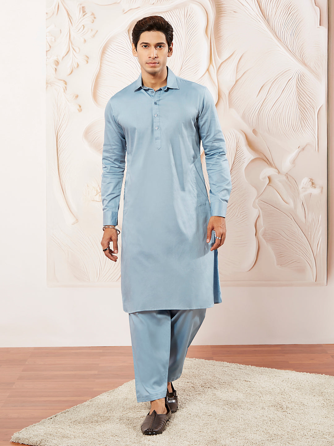 Men's Powder Blue Fine Satin Pathani Kurta Set