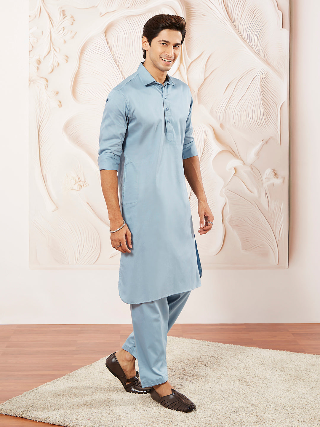 Men's Powder Blue Fine Satin Pathani Kurta Set