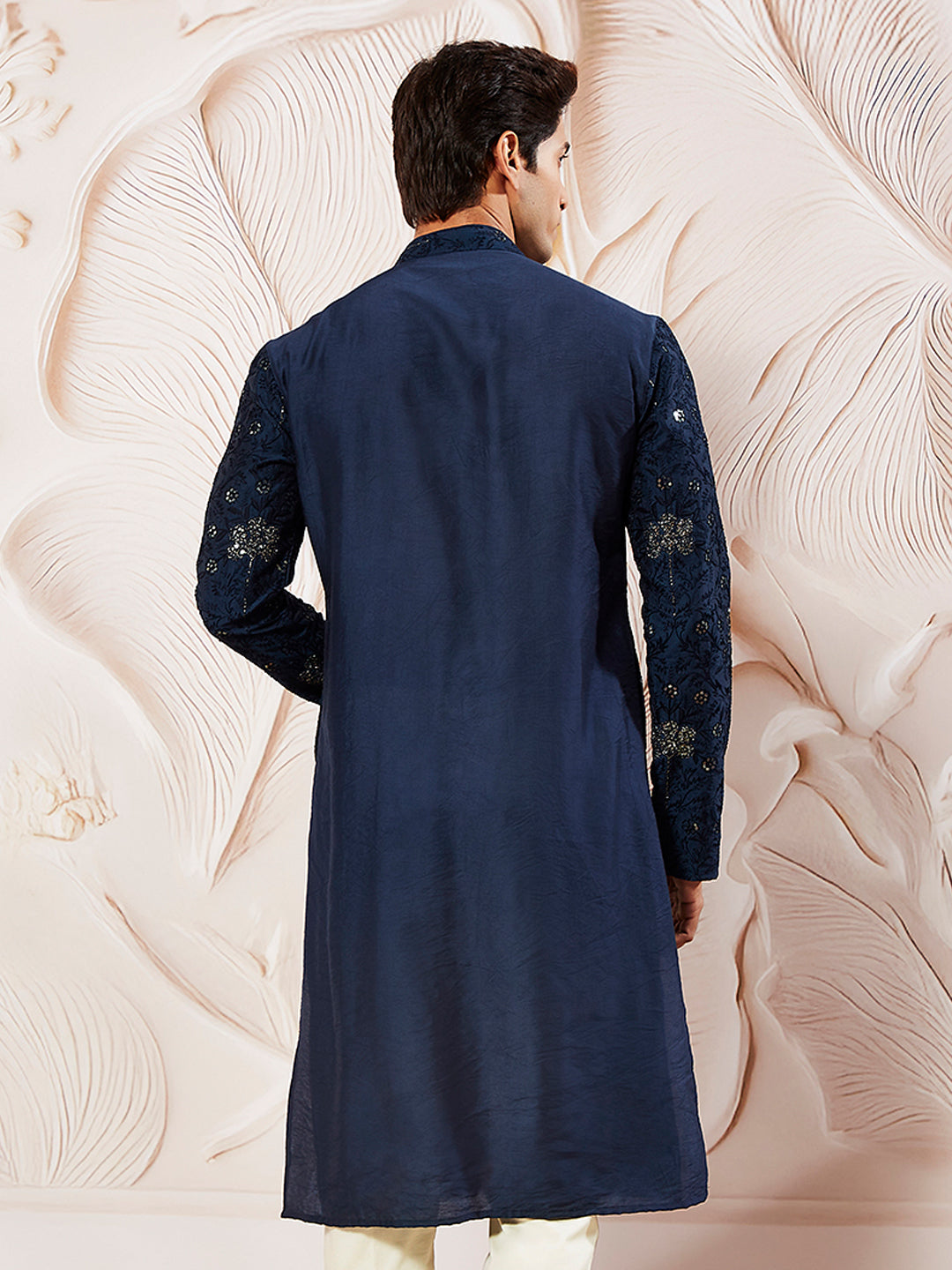 Men's Navy Blue Silk Blend Kurta