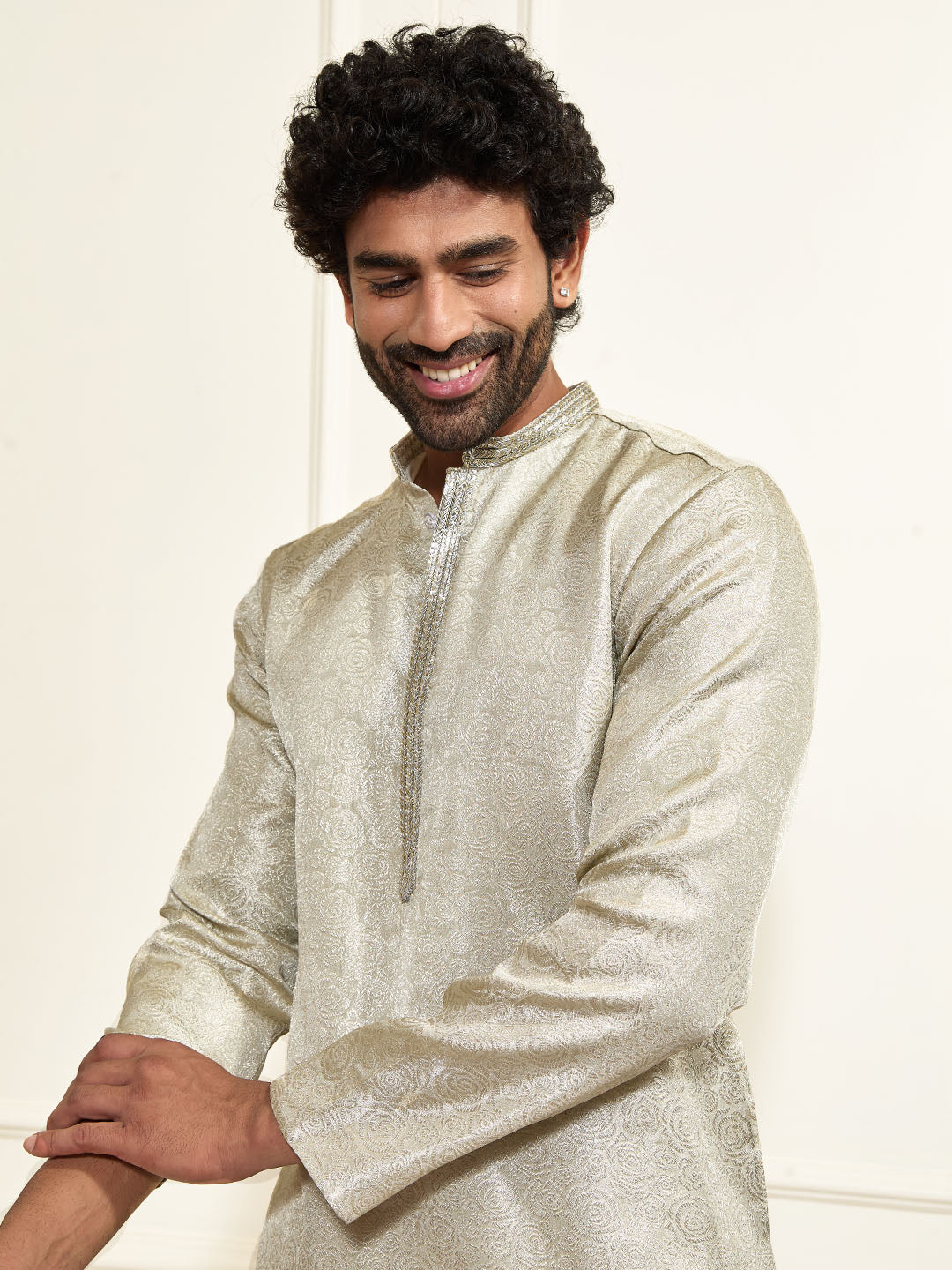 Men's Beige Tissue Silk Kurta