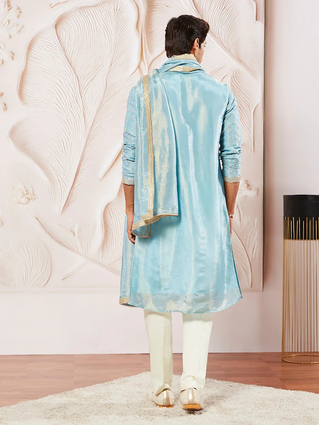 Men's Aqua Tissue Silk Kurta Pyjama And Dupatta Set