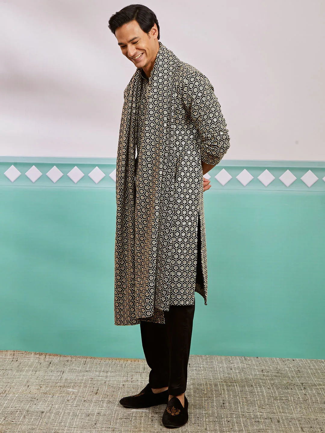 Men's Black Rayon Kurta, Pyjama And Dupatta Set.