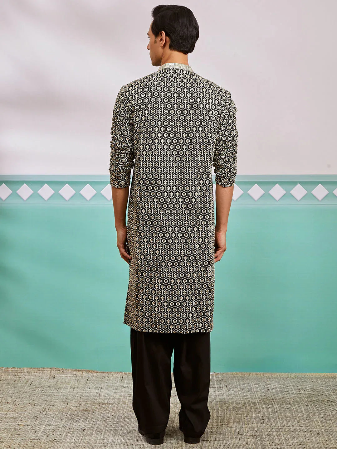 Men's Black Rayon Kurta And Patiala Set