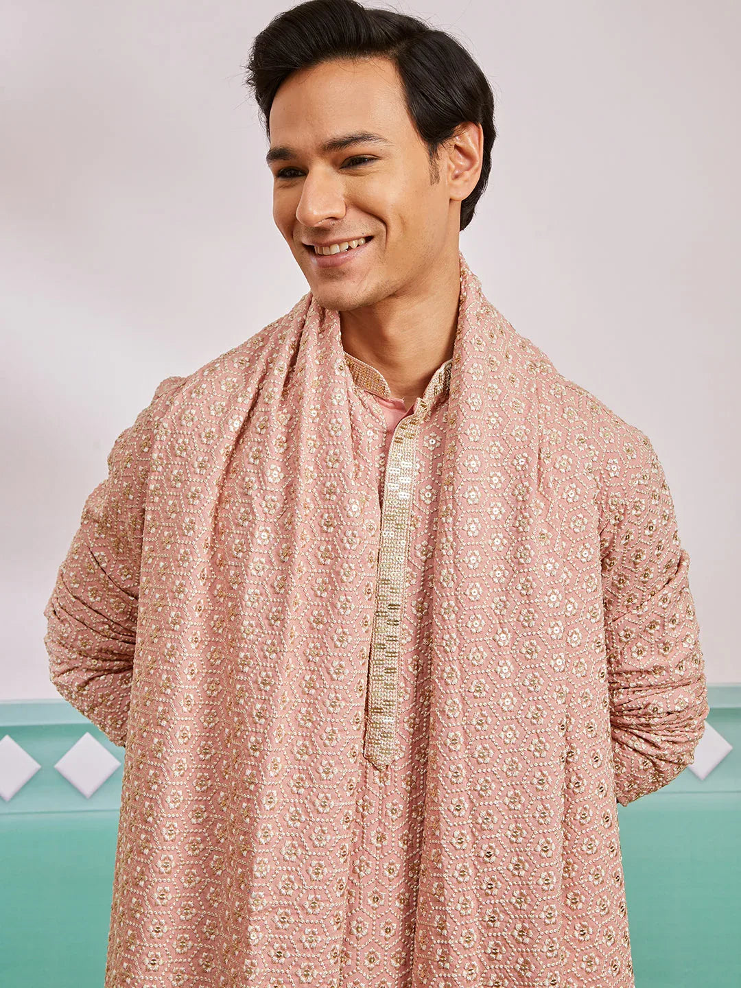 Men's Peach Rayon Kurta, Pyjama And Dupatta Set.