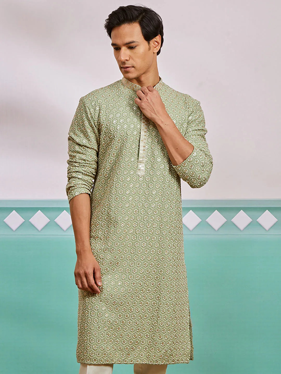 Men's Pista Green Rayon Kurta