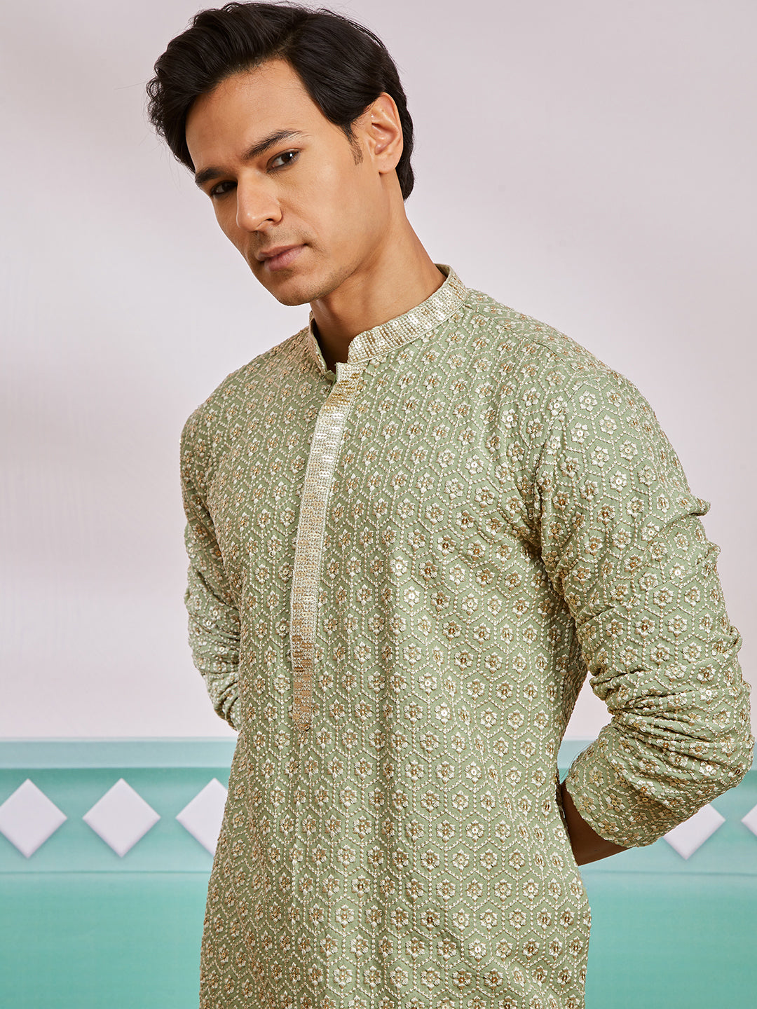 Men's Pista Green Rayon Kurta