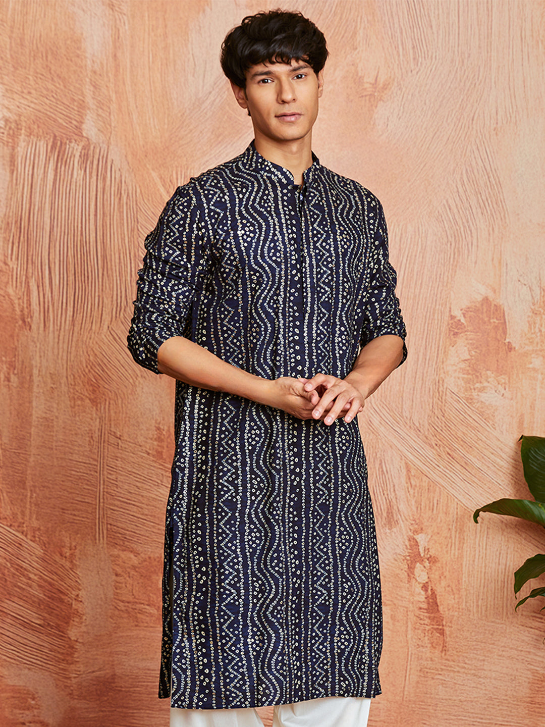 Men's Navy Blue Bandhni Rayon Kurta