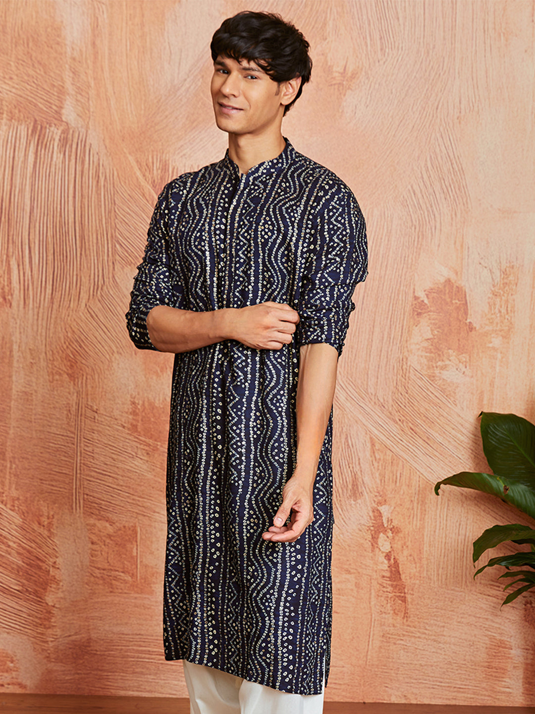 Men's Navy Blue Bandhni Rayon Kurta