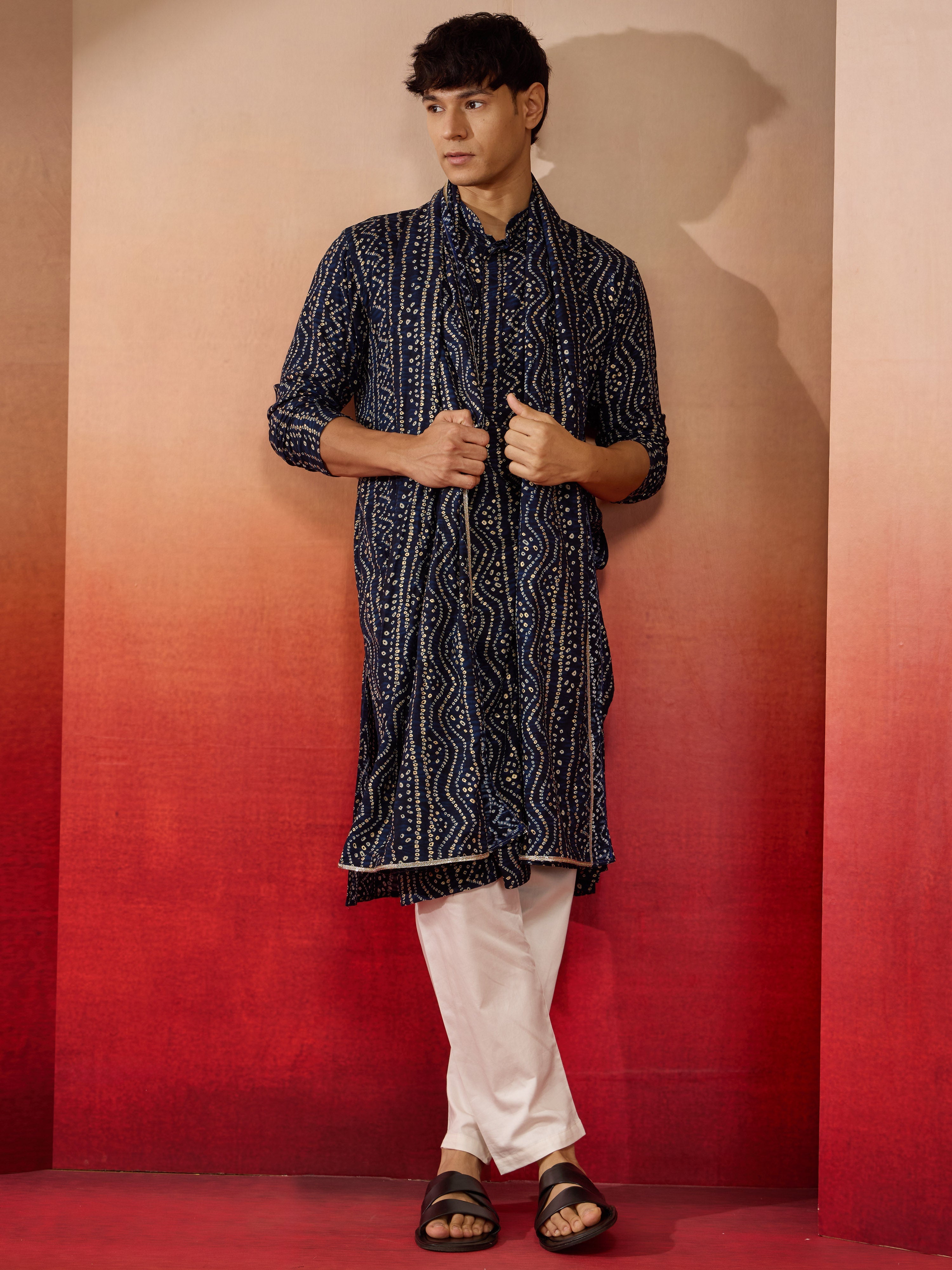 Mens Blue Bandhani Kurta Set with Cream Pant and Dupatta