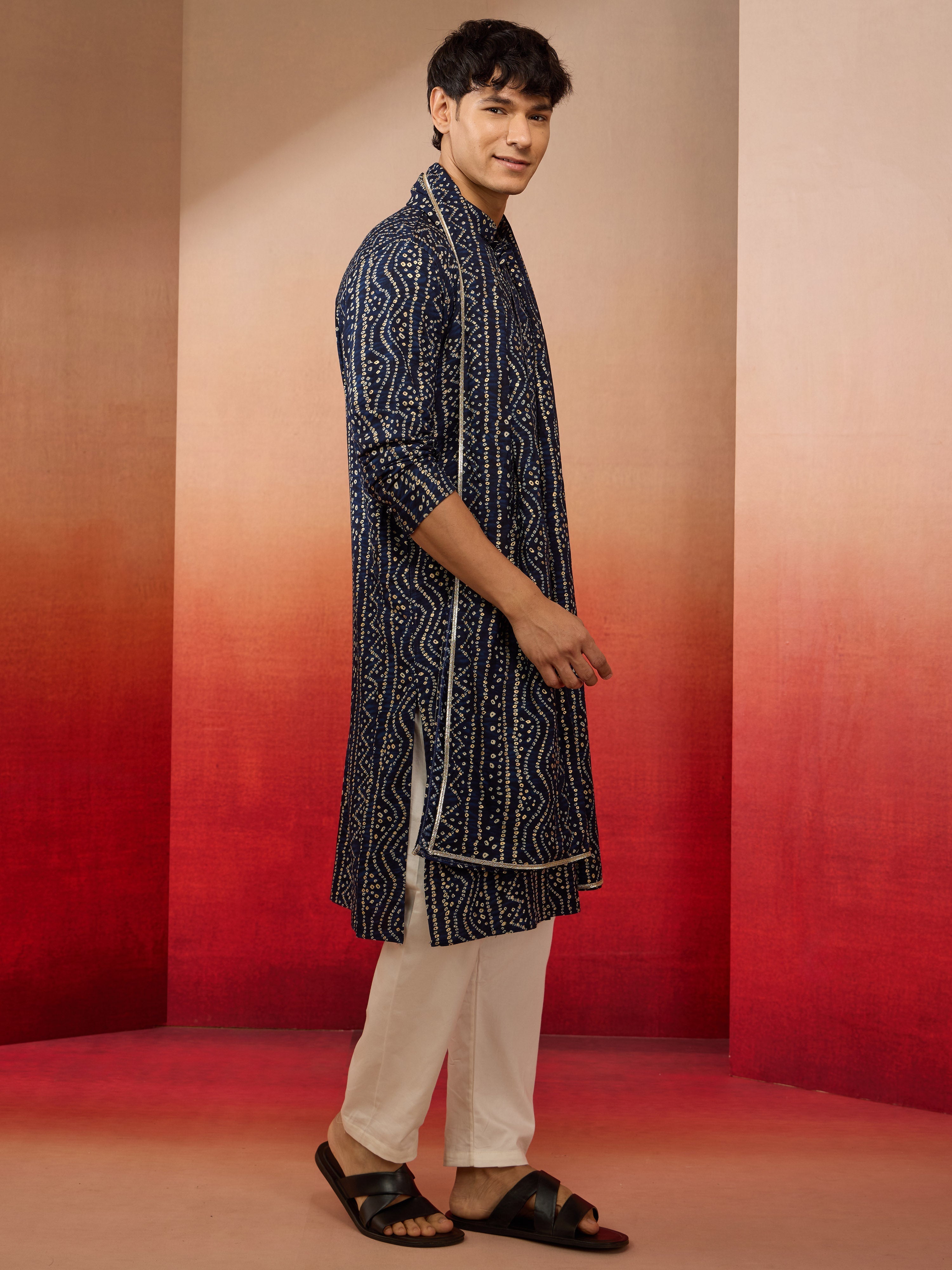 Mens Blue Bandhani Kurta Set with Cream Pant and Dupatta