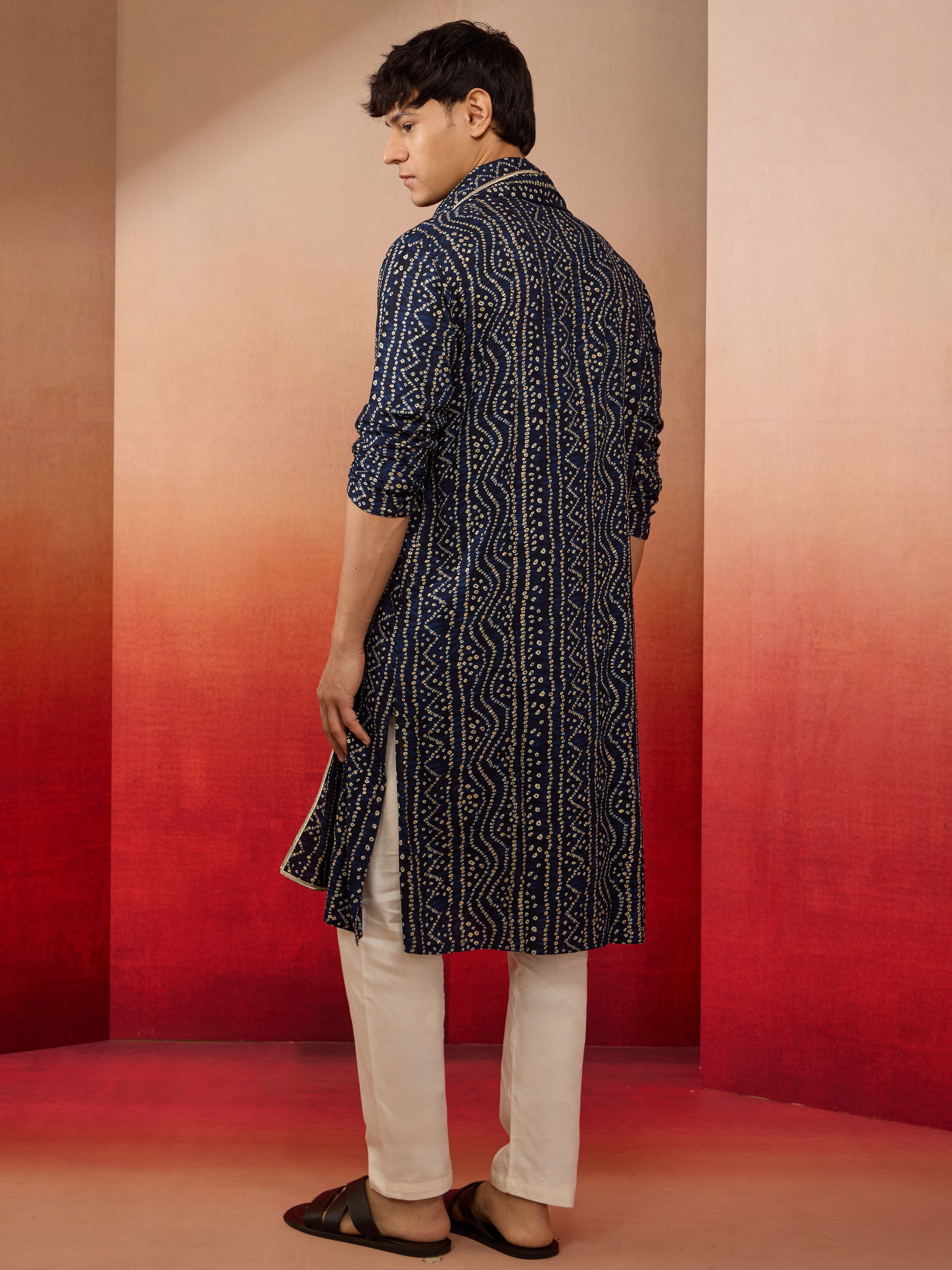 Men's Blue Bandhni Kurta Set with Cream Pant & Dupatta