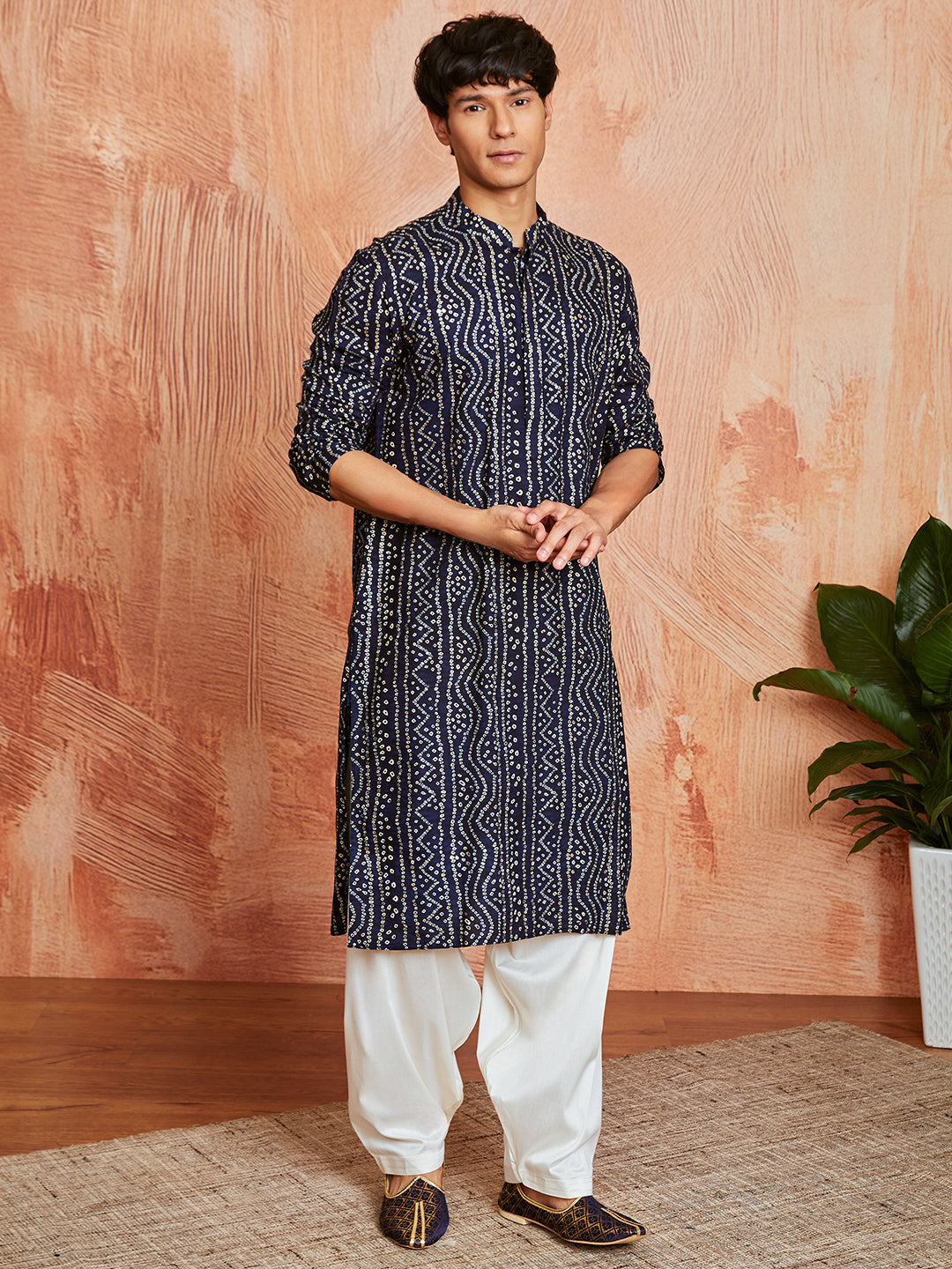 Men's Navy Blue Bandhni Rayon Kurta & Patiyala Set