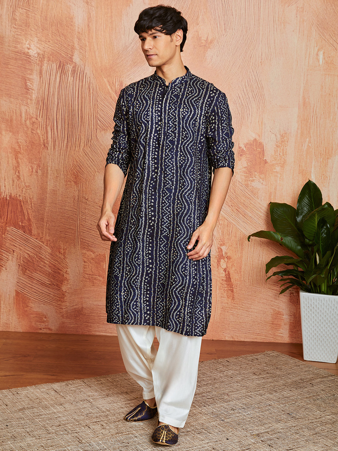 Men's Navy Blue Rayon Kurta And Patyala Set